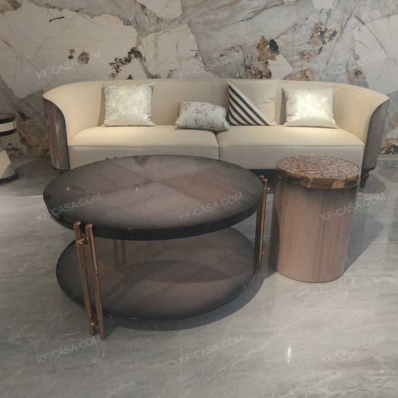Round Nesting Coffee Table Set with Natural Wood Veneer and Artistic Inlay Details